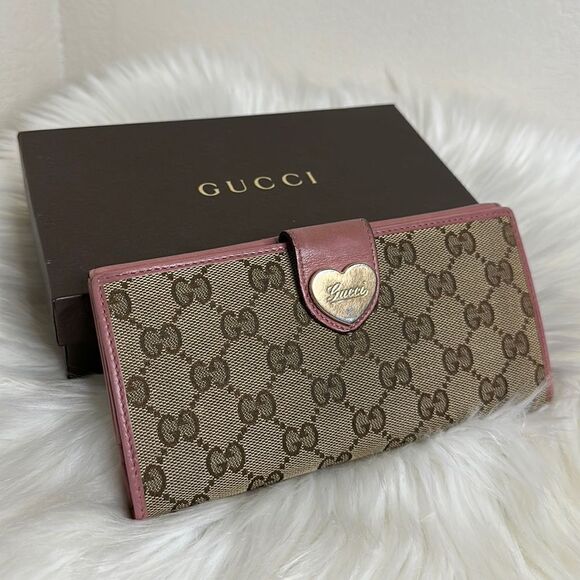 Gucci Handbags - Gucci GG Canvas Pink Leather Heart Bifold Long Wallet with Box